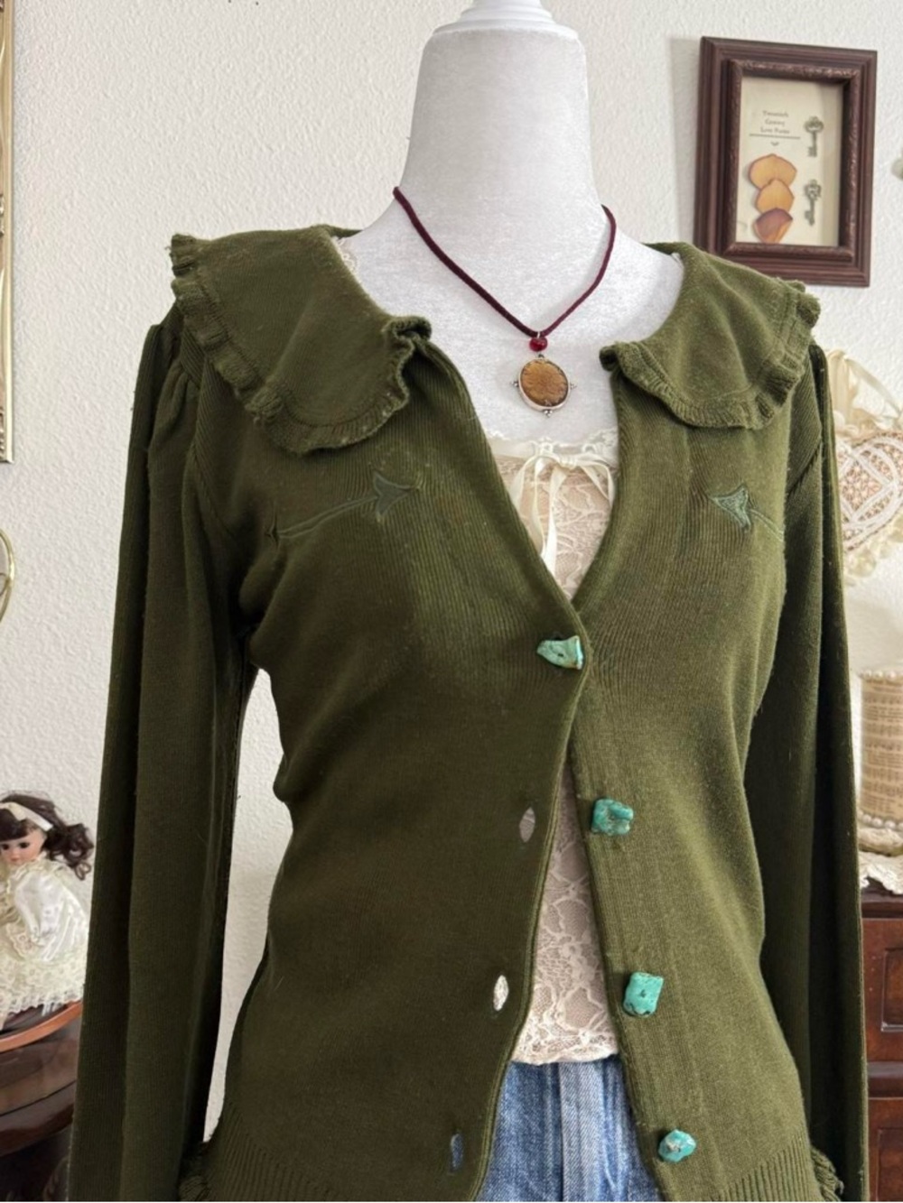 dainty whimsical prairie fairy grunge moss green knit peter pan collar cardigan - Picture 3 of 5